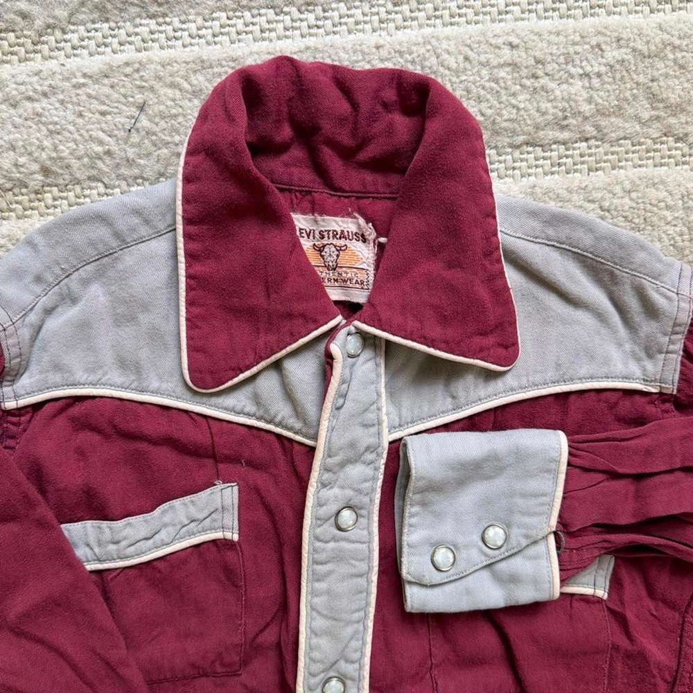 VTG Rare 70s Levi Strauss Two Tone Western Pearl Snap Shirt Maroon Grey Kid 4T